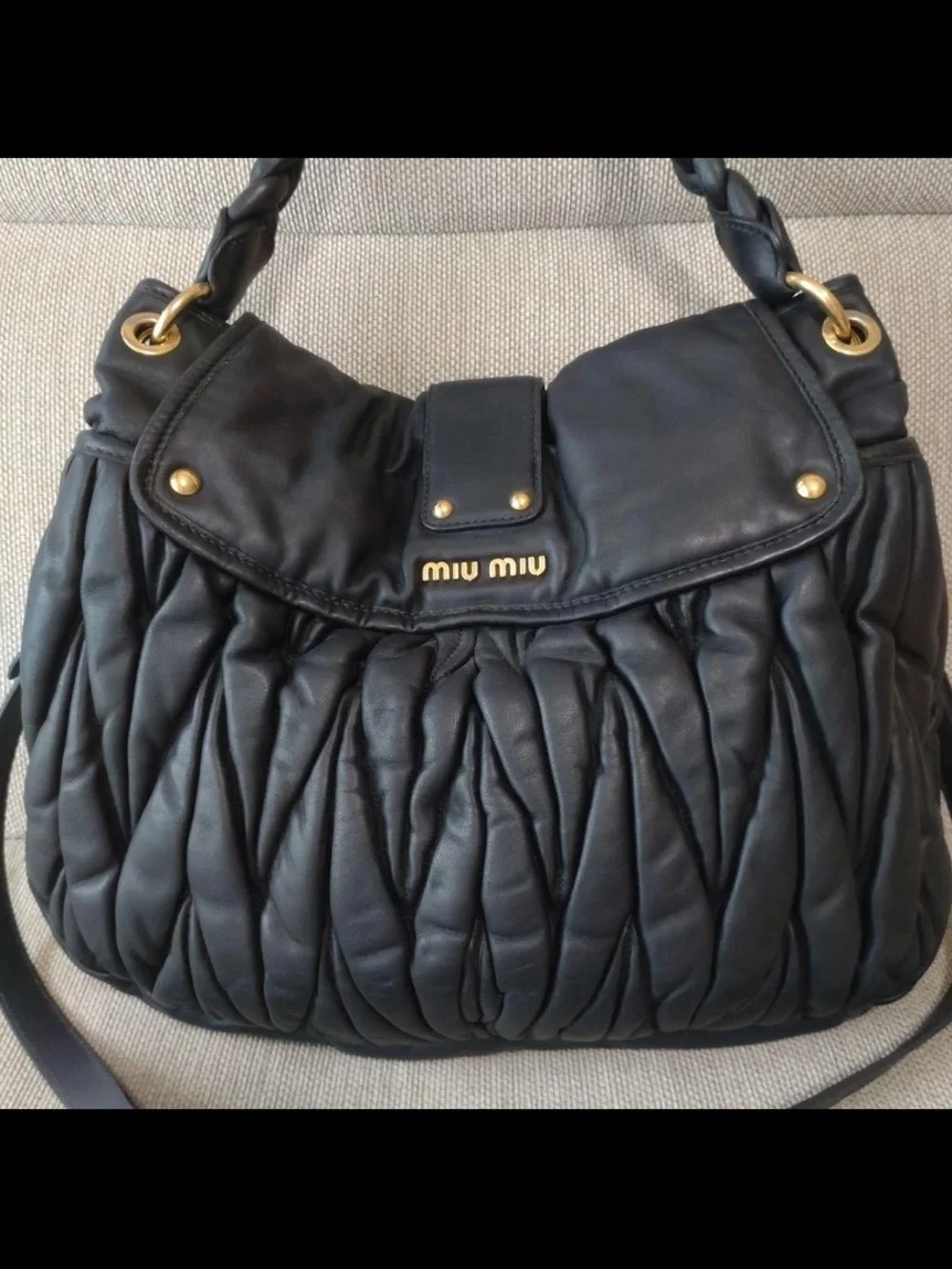Miu Miu Black Ruched Leather Shoulder Bag with Gold Hardware